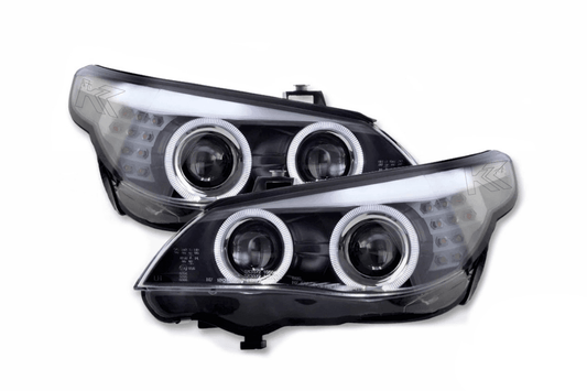 BMW 5-series E60 E61 black angel eyes headlight set by K2 Industries, for models 2003-2007, showing the headlights with angel eye rings.