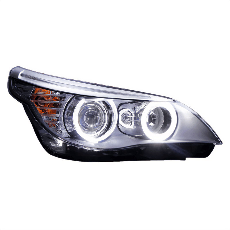 BMW 5-Series E60 headlight upgrade by K2 Industries, showing OE and upgraded headlights for 2003-2009 model.