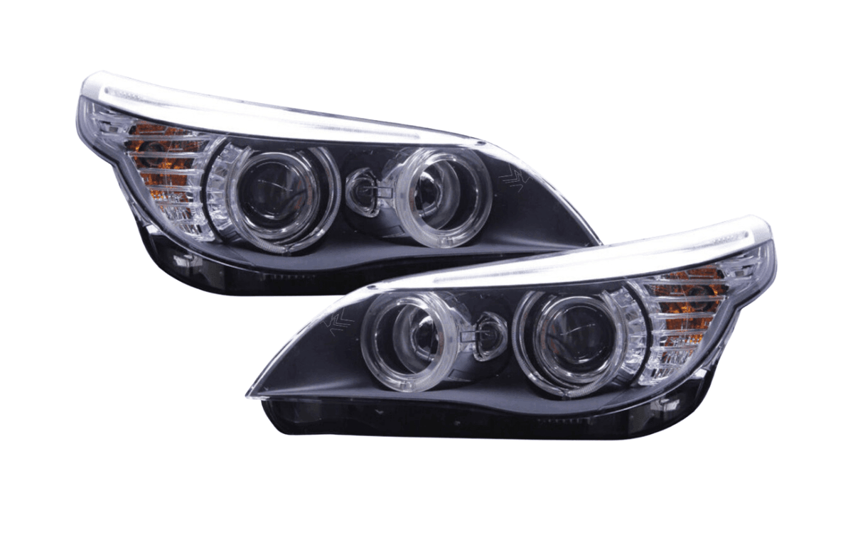 BMW 5-Series E60 headlight upgrade by K2 Industries, OE style headlights for 2003-2009 models with clear lenses and modern design.