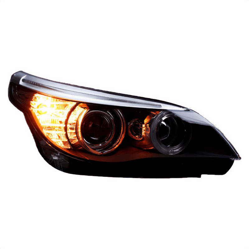 BMW 5-Series E60 headlight upgrade by K2 Industries, showing clear OEM and upgraded headlights for 2003-2009 models.