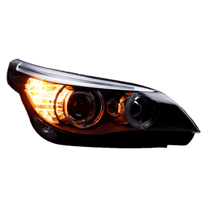 BMW 5-Series E60 headlight upgrade by K2 Industries, showing clear OEM and upgraded headlights for 2003-2009 models.