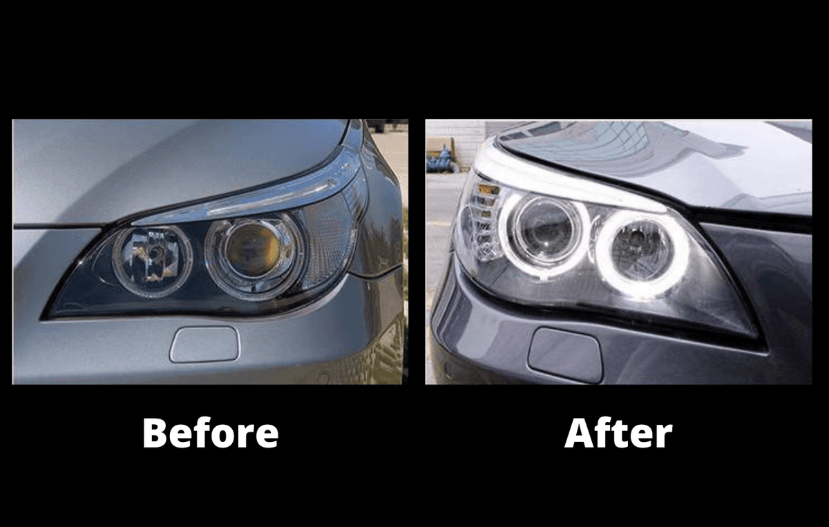 BMW 5-Series E60 headlight upgrade by K2 Industries, featuring OEM-style headlights for 2003-2009 models.