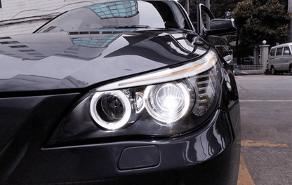 BMW 5-Series E60 headlight upgrade from K2 Industries, showing clear OE-style headlights for 2003-2009 models.