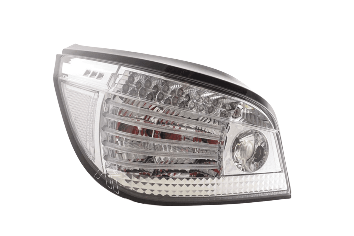BMW 5-series E60 sedan chrome clear LED tail lights set by K2 Industries, featuring modern design for 2004-2007 models.