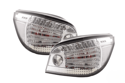 BMW 5-series E60 sedan chrome clear LED taillights set by K2 Industries, 2004-2007, showing close-up of stylish tail light design.