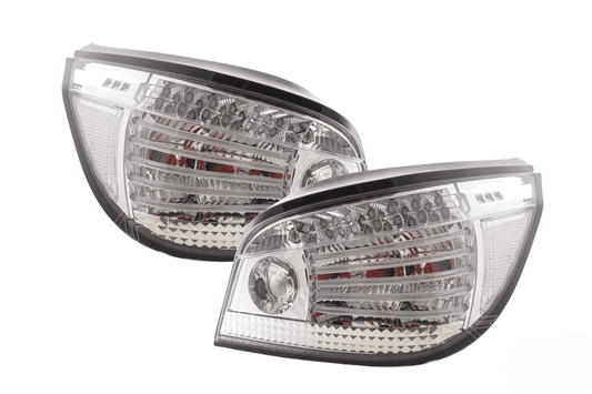 BMW 5-series E60 sedan chrome clear LED taillights set by K2 Industries, 2004-2007, showing close-up of stylish tail light design.