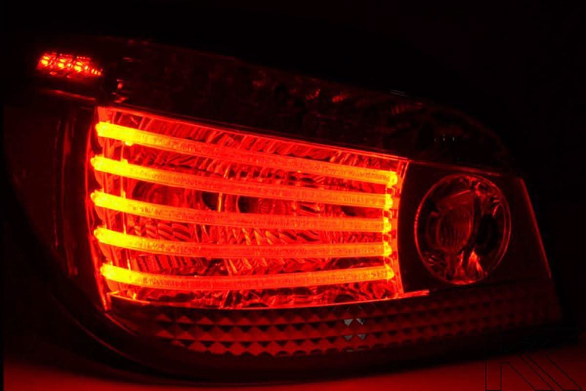 BMW 5-series E60 sedan chrome clear LED taillights set by K2 Industries, featuring sleek design and bright illumination for 2004-2007
