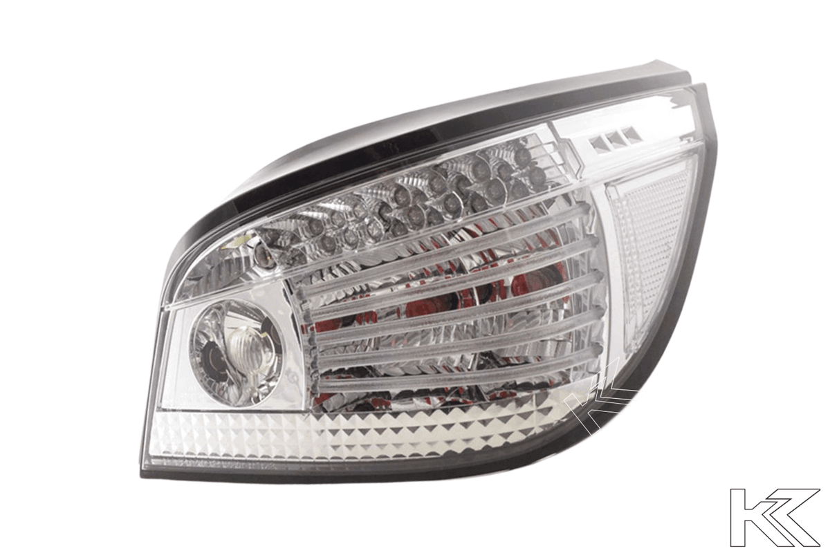 BMW 5-series E60 sedan chrome clear LED taillights set by K2 Industries, 2004-2007, showing sleek, modern tail light design.