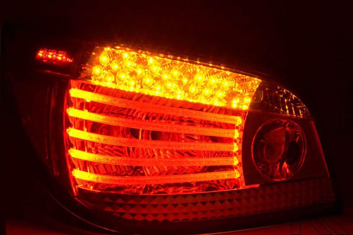 BMW 5-series E60 sedan chrome clear LED taillights set by K2 Industries, for models 2004-2007, showing the tail light assembly.