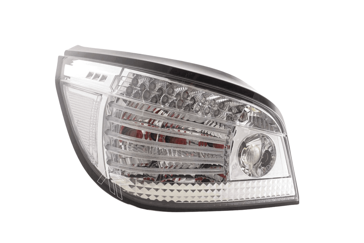BMW 5-series E60 sedan chrome clear LED taillights set by K2 Industries, 2007-2009, showing sleek tail light design.