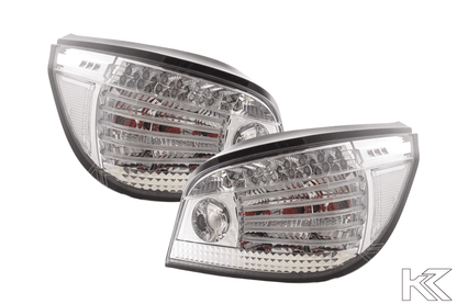 BMW 5-series E60 sedan chrome clear LED taillights set by K2 Industries, featuring modern design and bright illumination for 2007-2009.