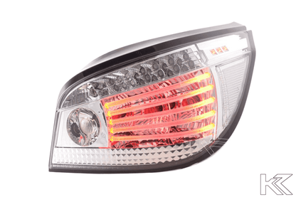 BMW 5-series E60 sedan chrome clear LED tail lights set by K2 Industries, for 2007-2009 model, showing sleek LED taillight design