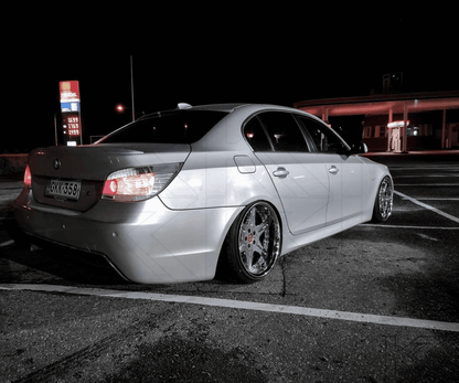 BMW 5 Series E60 sedan chrome clear LED taillights set by K2 Industries, for models 2007-2009, showing the sleek tail light design.