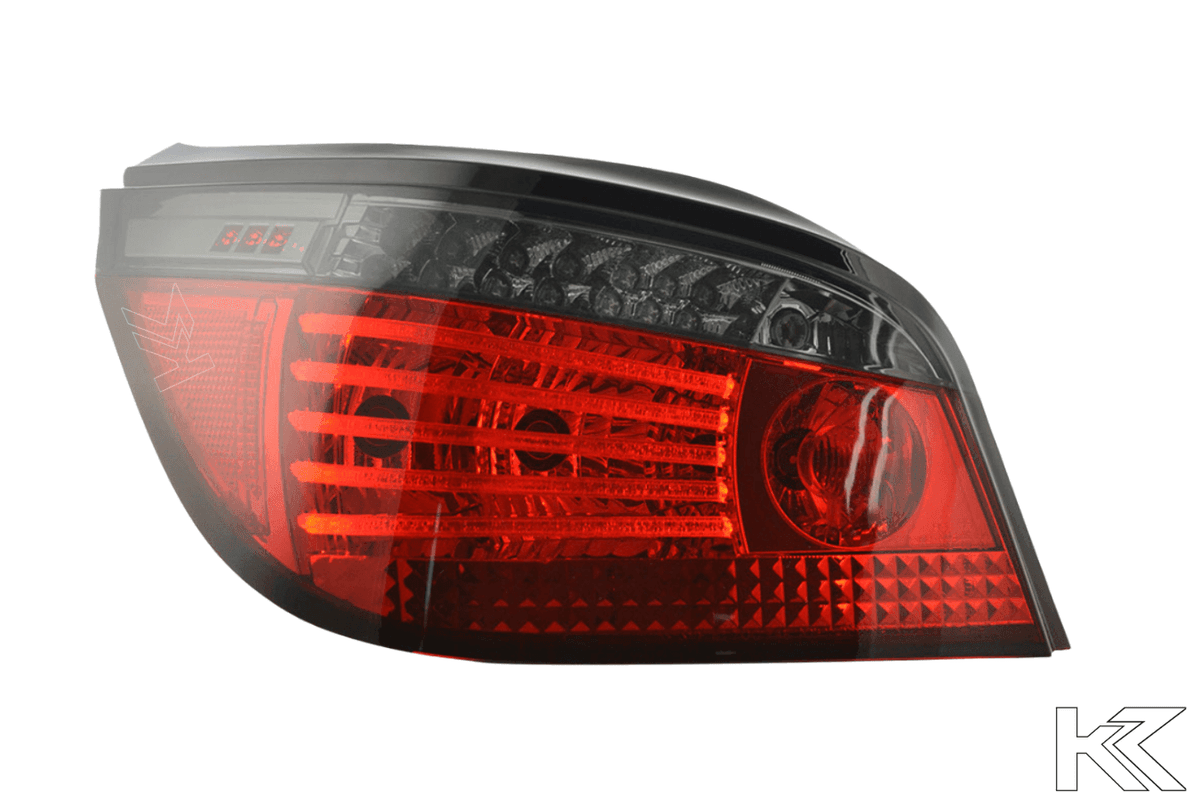 BMW 5-series E60 sedan red smoked LED tail lights set by K2 Industries, featuring sleek smoked lens design for 2008-2009 models.