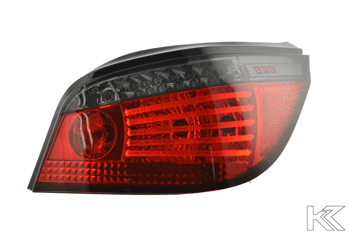 Red smoked LED taillights set for BMW 5-series E60 sedan 2008-2009 by K2 Industries, showing the tail light assembly with smoked lenses.