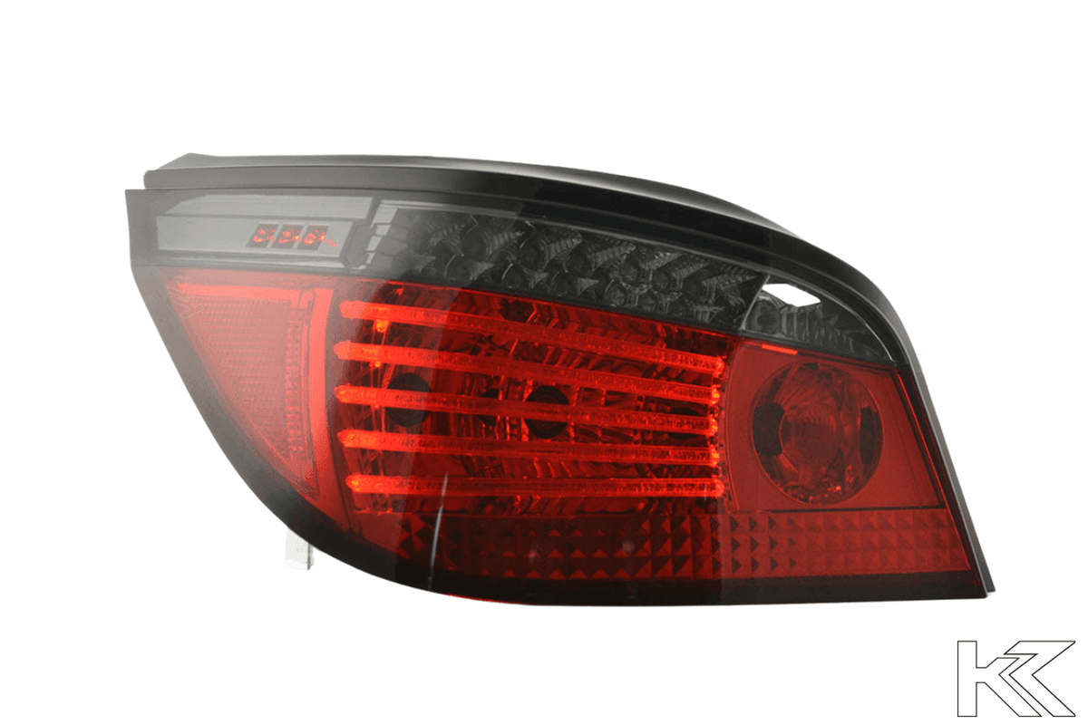 BMW 5-Series E60 sedan red and smoke LED taillights by K2 Industries, 2007-2009 model, showing close-up of tail light design