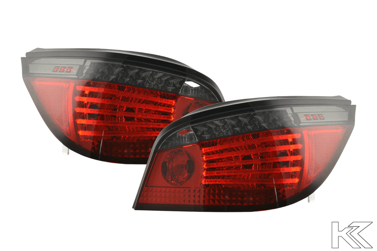 BMW 5-Series E60 sedan red and smoke LED tail lights by K2 Industries, for models 2007-2009, showing close-up of tail light design