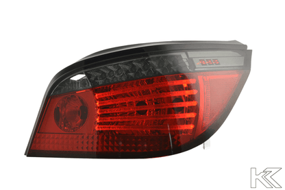 BMW 5-Series E60 sedan red and smoke LED taillights by K2 Industries, for 2007-2009 model, showing close-up of rear lighting.
