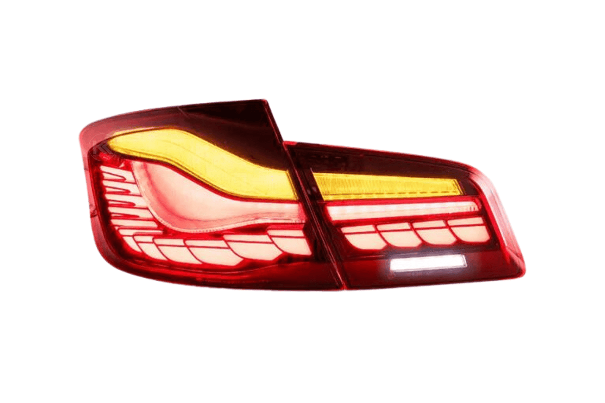 BMW 5-Series F10 F18 M5 GTS style OLED dynamic LED tail lights in red or smoked, designed for 2011-2017 models by K2 Industries.