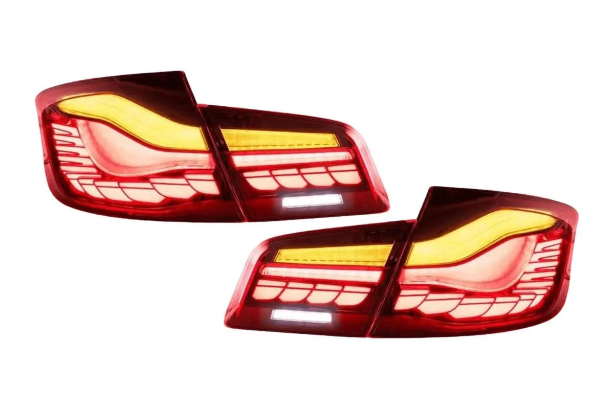 BMW 5-Series F10 F18 M5 GTS style OLED dynamic LED tail lights in red or smoked for 2011-2017, by K2 Industries.