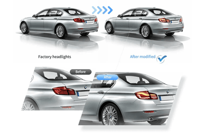 BMW 5-Series F10 F18 M5 GTS style OLED dynamic LED tail lights in red or smoked, designed for 2011-2017 models.