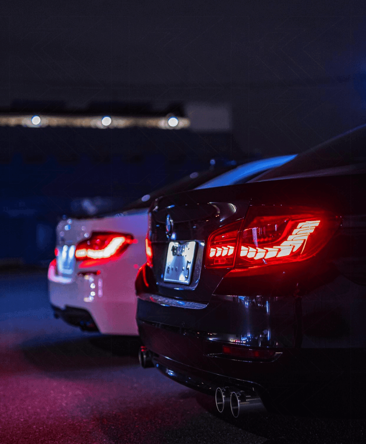 BMW 5-Series F10 F18 M5 GTS style OLED dynamic LED tail lights in red or smoked, designed for 2011-2017 models by K2 Industries.