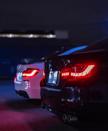 BMW 5-Series F10 F18 M5 GTS style OLED dynamic LED tail lights in red or smoked, designed for 2011-2017 models by K2 Industries.