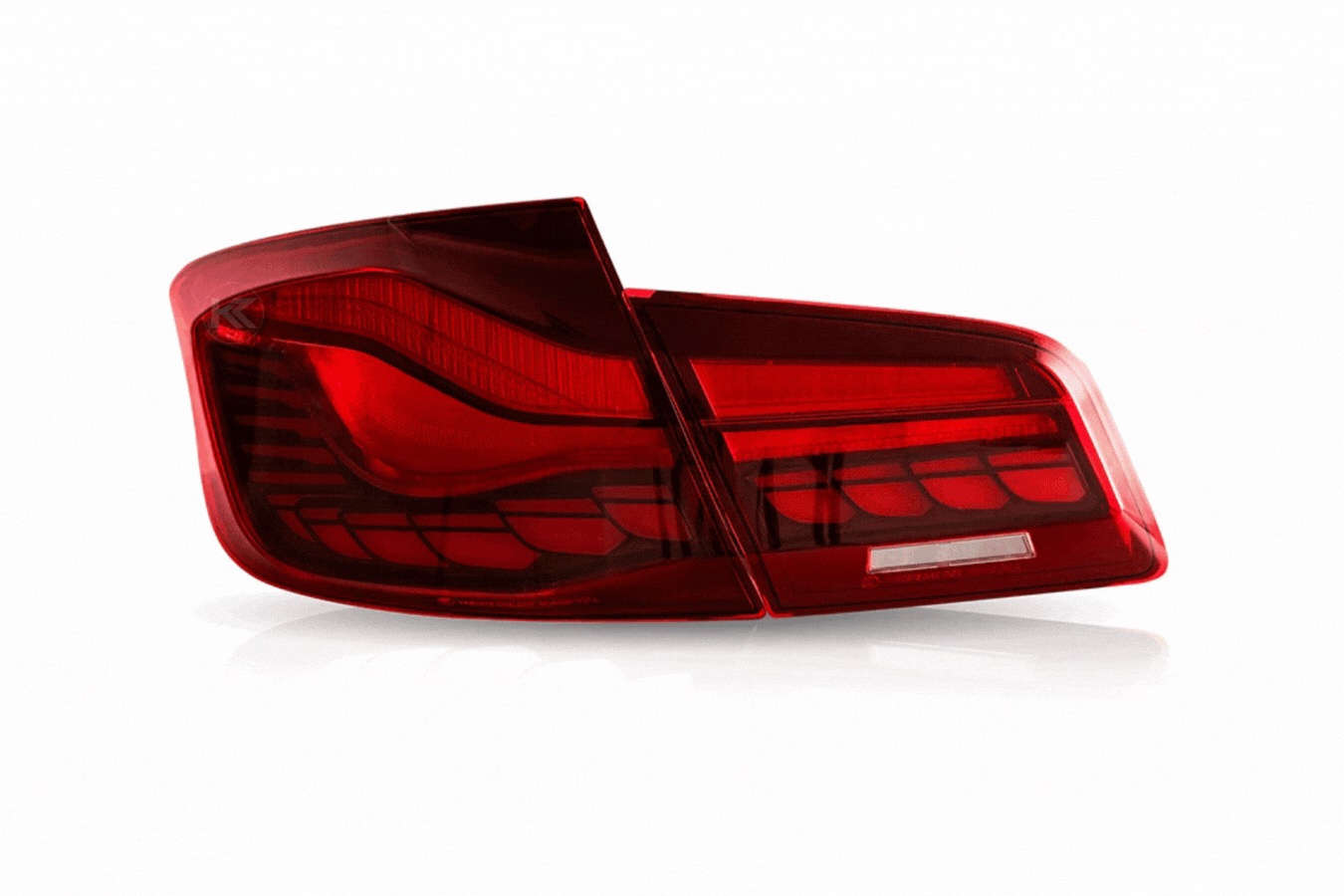 BMW 5-Series F10 F18 M5 GTS style red smoked OLED LED tail lights by K2 Industries, 2011-2017, showing dynamic LED illumination.
