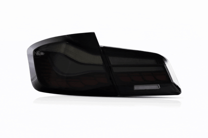 BMW 5-Series F10 F18 M5 GTS style OLED LED tail lights in red or smoked, dynamic lighting, for 2011-2017 models by K2 Industries.