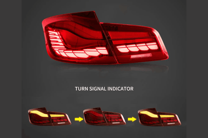 BMW 5-Series F10 F18 M5 GTS style tail lights with OLED dynamic LED, red or smoked finish, for 2011-2017 models by K2 Industries.