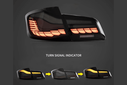 BMW 5-Series F10 F18 M5 GTS style red smoked OLED LED tail lights by K2 Industries for 2011-2017 models.