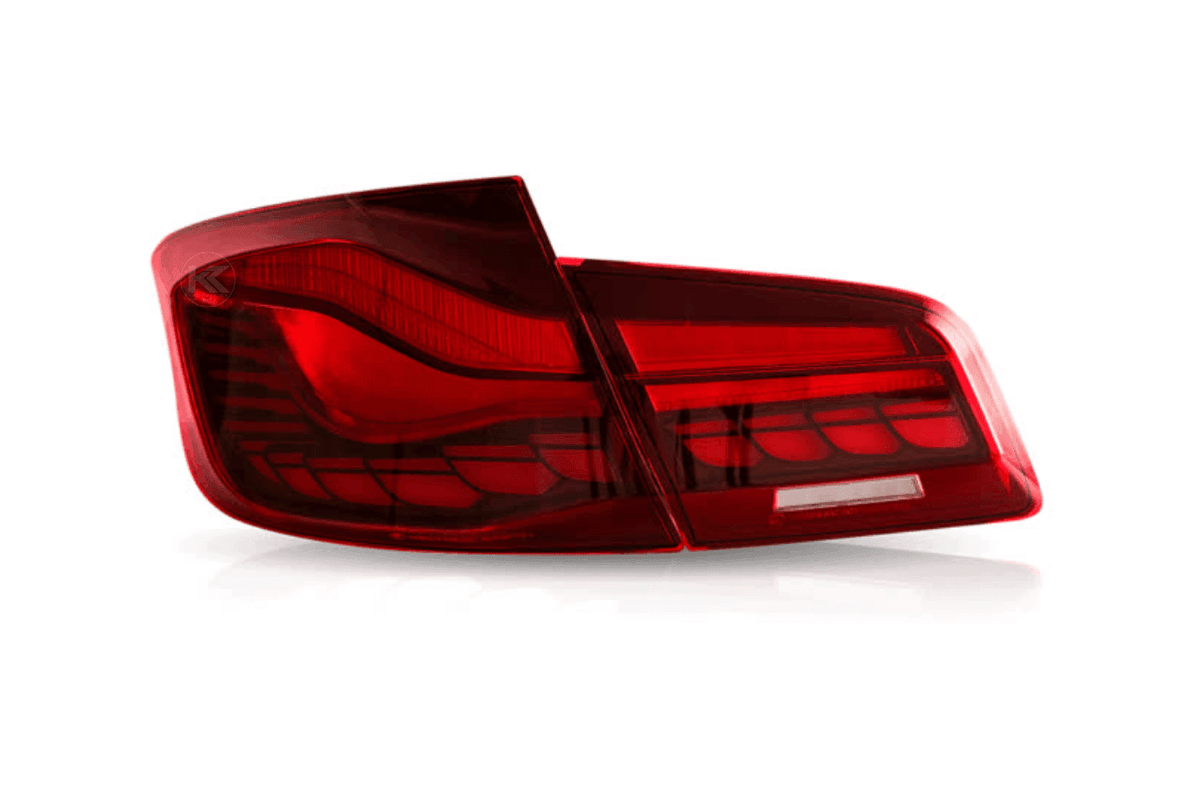BMW 5-Series F10 F18 M5 GTS style OLED dynamic LED tail lights in red or smoked, for 2011-2017 models, by K2 Industries.