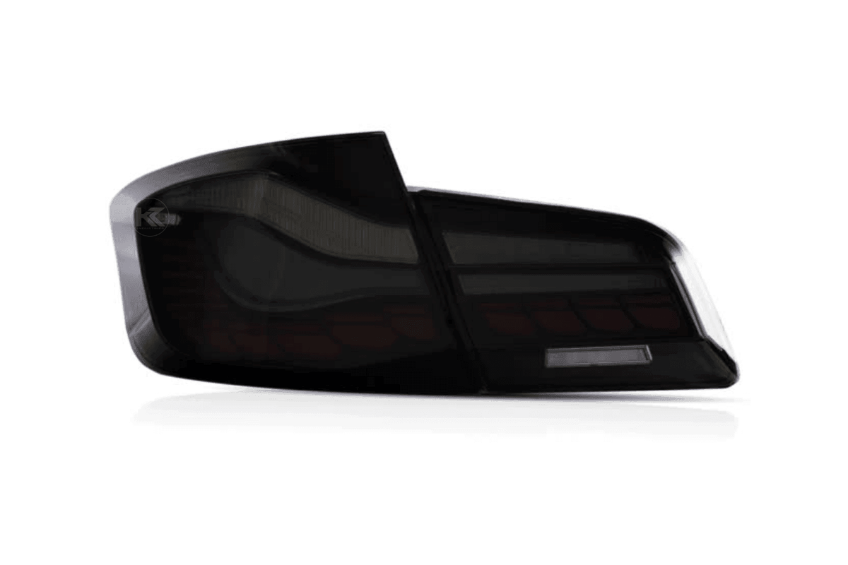 BMW 5-Series F10 F18 M5 GTS style OLED dynamic LED tail lights in red or smoked, designed for 2011-2017 models by K2 Industries.