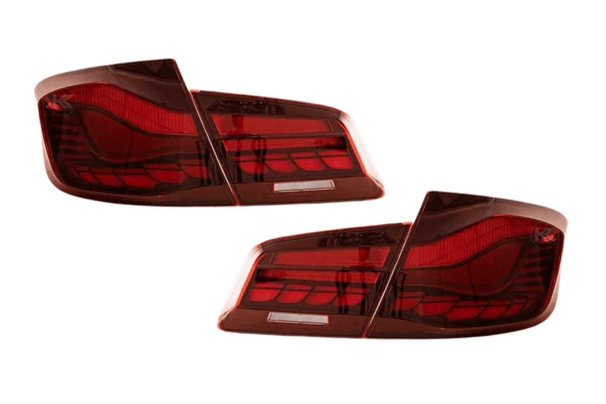 BMW 5-Series F10 F18 M5 GTS style OLED dynamic LED tail lights in red or smoked finish, designed for 2011-2017 models.
