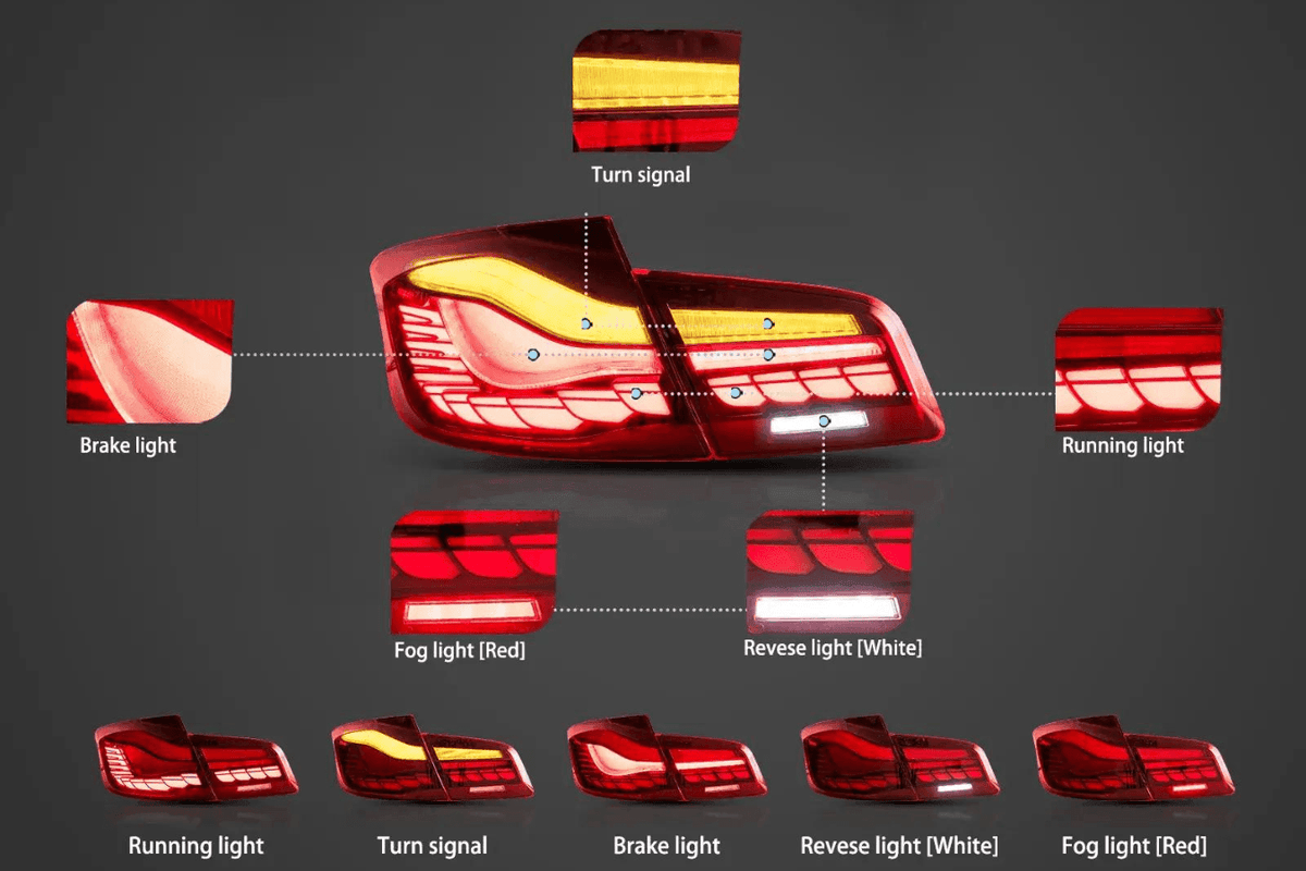 BMW 5-Series F10 F18 M5 GTS style red or smoked OLED dynamic LED tail lights by K2 Industries, 2011-2017.