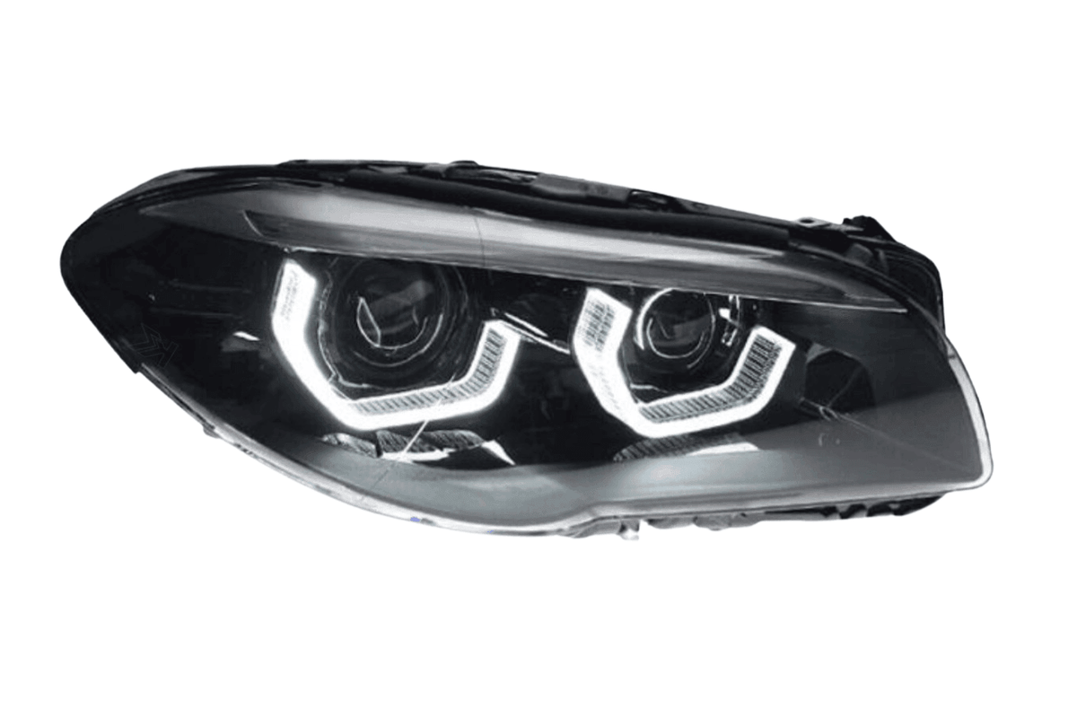 BMW 5-Series F10/F11/F18 3D Style Headlight by K2 Industries, designed for 2010-2016 models, showing close-up of headlight detail.