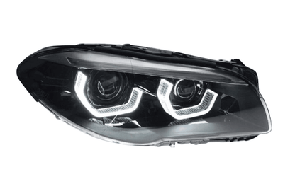 BMW 5-Series F10/F11/F18 3D Style Headlight by K2 Industries, designed for 2010-2016 models, showing close-up of headlight detail.