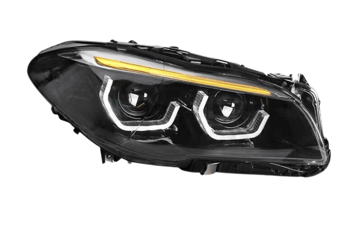 BMW 5-Series F10/F11/F18 3D style headlights by K2 Industries for 2010-2016 model, showing close-up of headlight design.