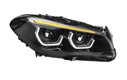 BMW 5-Series F10/F11/F18 3D style headlights by K2 Industries for 2010-2016 model, showing close-up of headlight design.