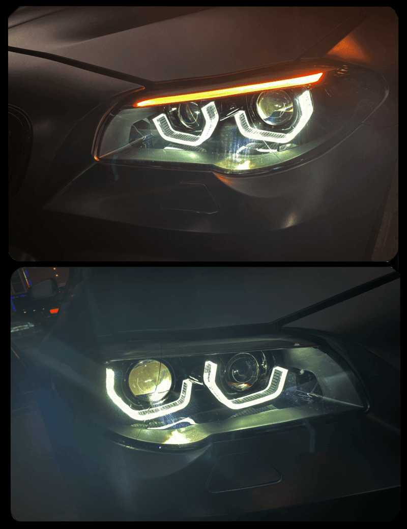 BMW 5-Series F10/F11/F18 3D Style Headlight by K2 Industries, 2010-2016, showing sleek design and clear lens with integrated lighting elements.