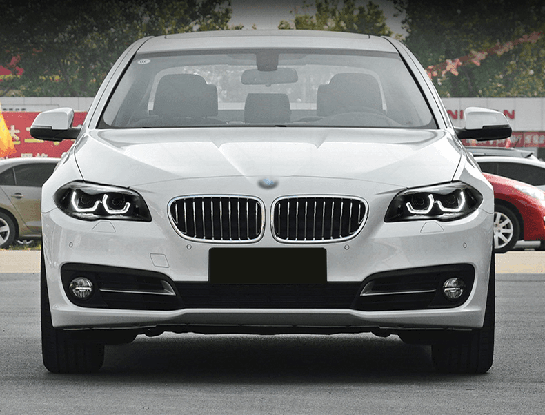 BMW 5-Series F10/F11/F18 3D style headlights by K2 Industries, showing close-up of sleek, modern headlight design for 2010-2016 models.