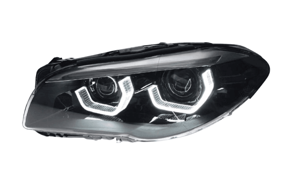 BMW 5-Series F10/F11/F18 3D Style Headlight by K2 Industries, 2010-2016, showing sleek design and clear lens details.