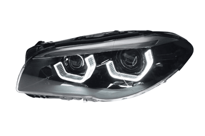 BMW 5-Series F10/F11/F18 3D Style Headlight by K2 Industries, 2010-2016, showing sleek design and clear lens details.