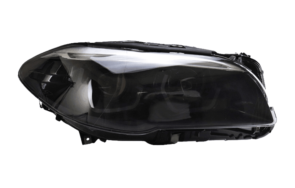 BMW 5-Series F10/F11/F18 3D style headlights by K2 Industries, showing sleek design and illumination details for 2010-2016 models.