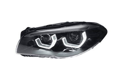 BMW 5-Series F10/F11/F18 3D style headlights by K2 Industries, showing sleek LED design for 2010-2016 models.