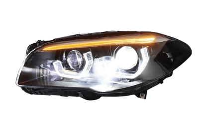 BMW 5-Series F10/F11/F18 3D style headlight by K2 Industries, showing sleek design and clear lens for 2010-2016 models.
