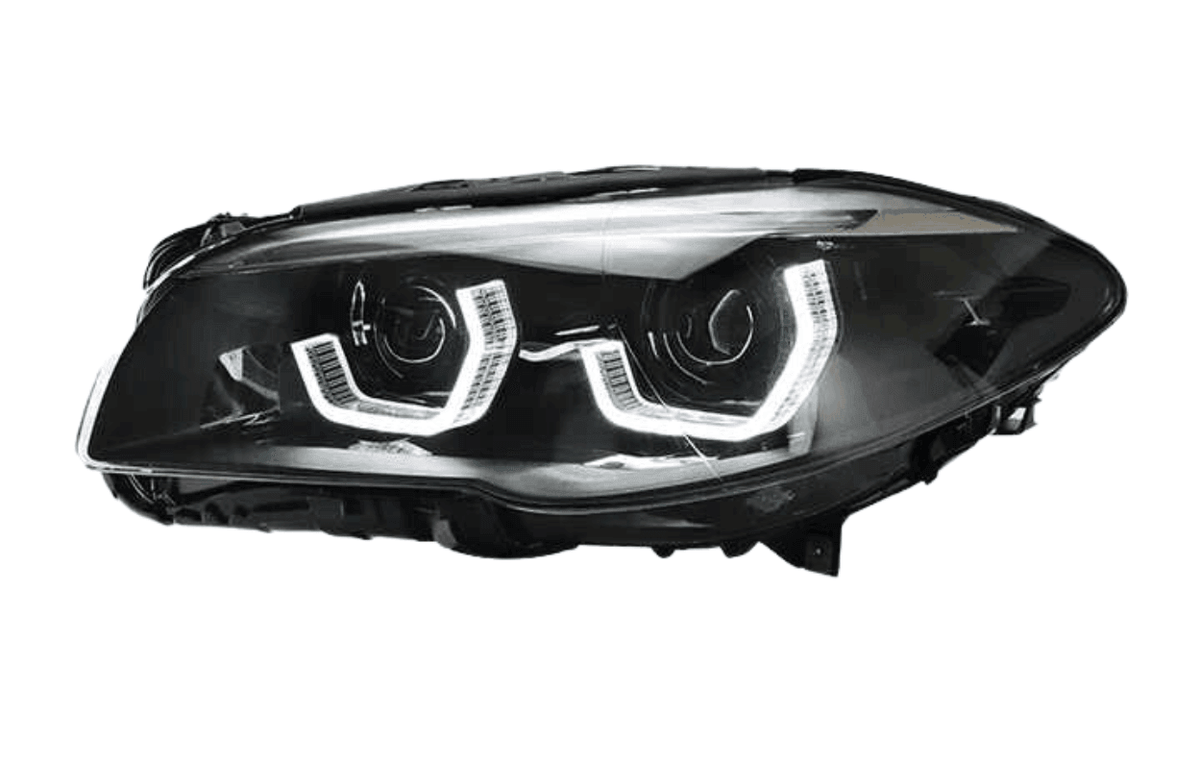BMW 5-Series F10/F11/F18 3D Style Headlight by K2 Industries, 2010-2016, showing sleek design and clear lens details.