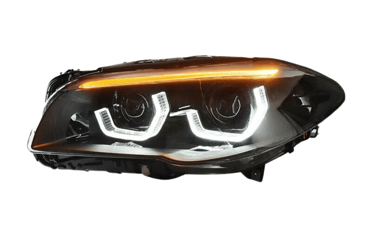 BMW 5-Series F10/F11/F18 3D style headlights by K2 Industries, showing sleek, modern design for 2010-2016 models.