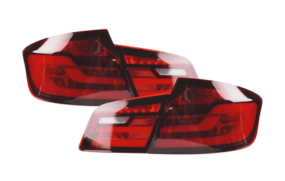 BMW 5 Series F10/F18 tail lights by K2 Industries, new generation style, for 2011-2017 models, showcasing sleek red and clear lens design.