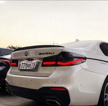 BMW 5-Series G30 G38 M5 tail lights with dragon scale OLED style, dark tinted design, for 2016-2020 models by K2 Industries.